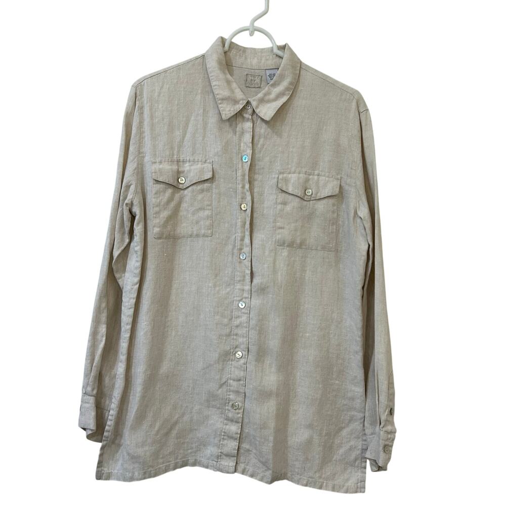 Lino by Chico's Womens Sz 1 Medium 100% Linen Beige Button Down Shirt Minimalist